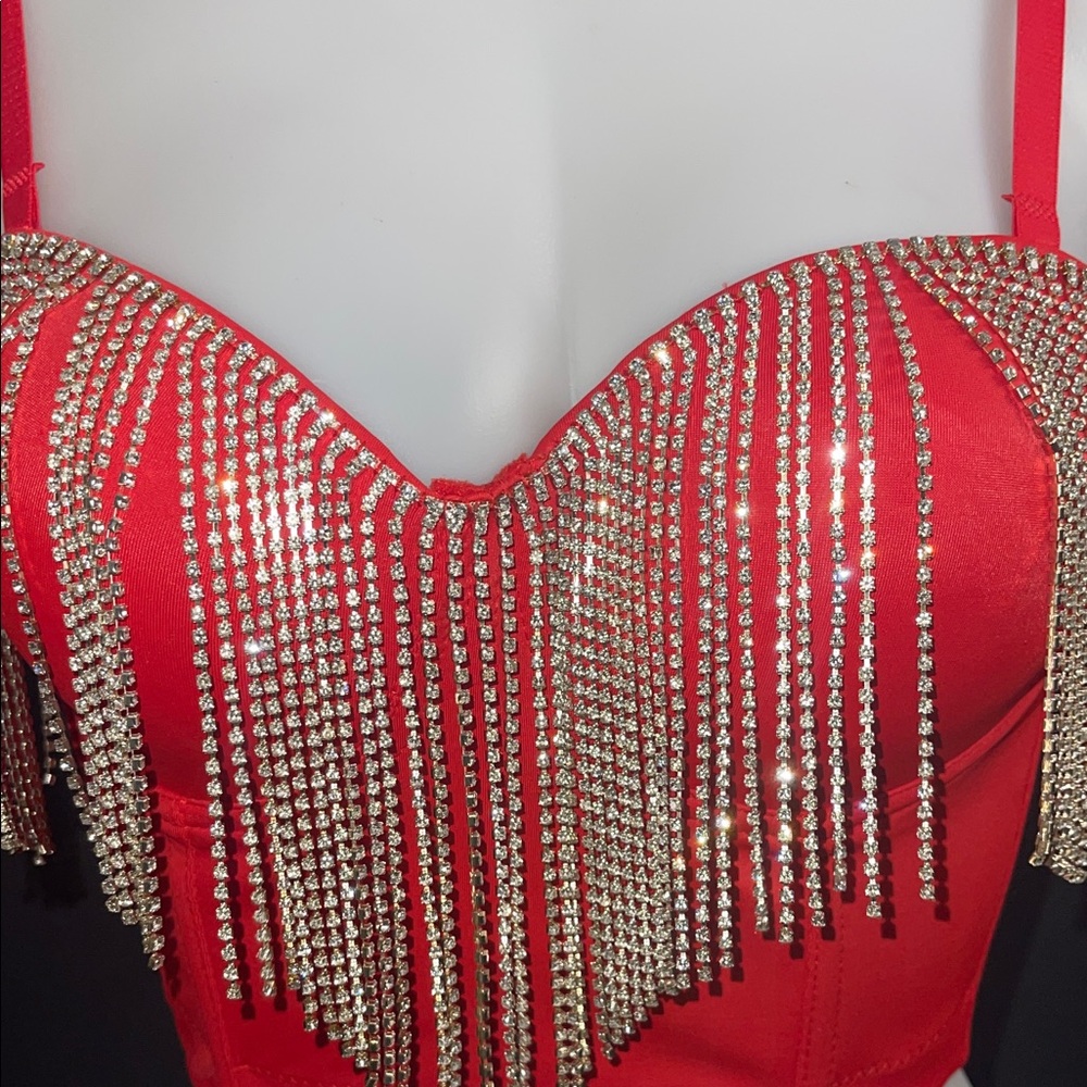 Red Rhinestone Embellished Women's Top - Picture 2 of 4